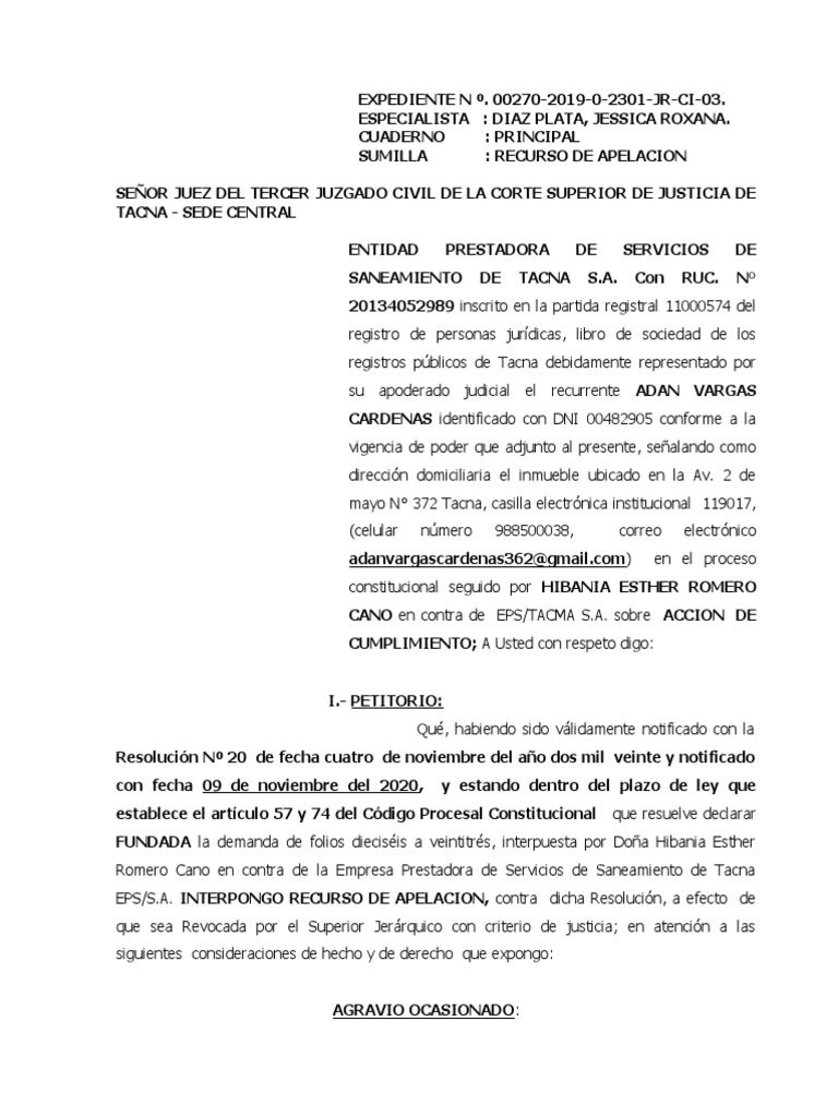 Apelacion de Sentencia de Reposicion Eps Tacna | PDF | Apelación | Ley