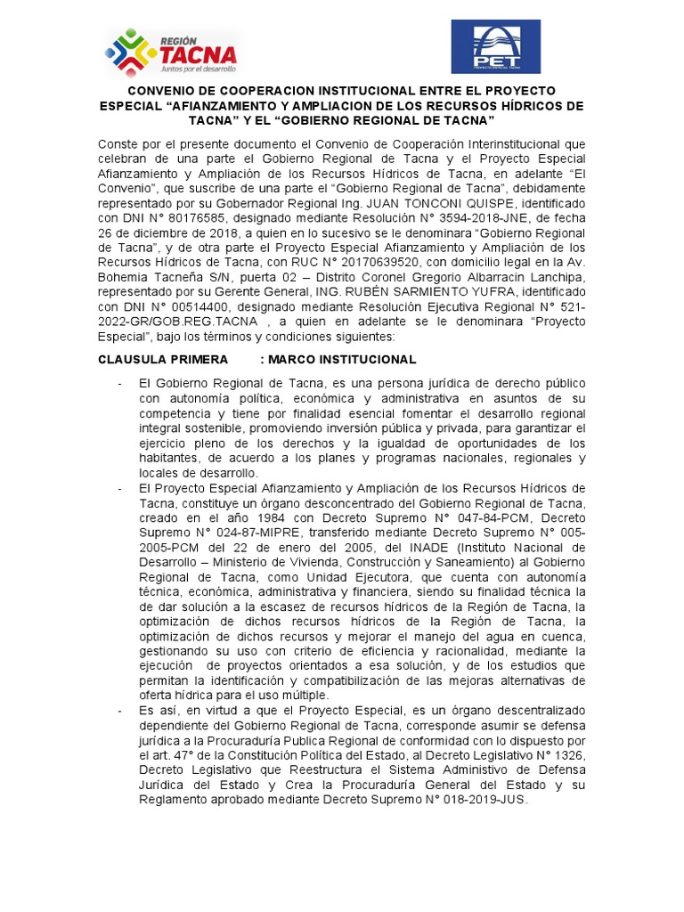 Convenio de Cooperacion Institucional Entre El Proyecto Especial | PDF ...