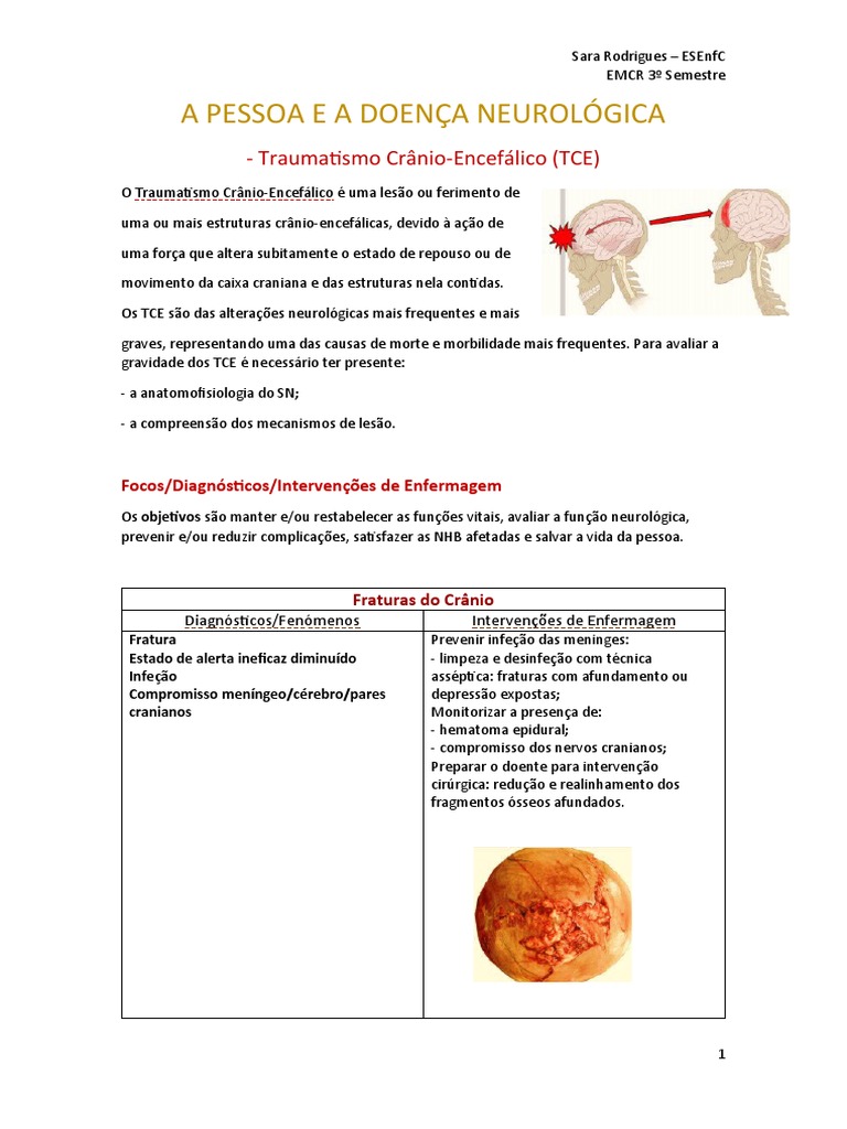 Traumatismo Crânio-Encefálico (TCE) - Diagnósticos e Intervenções de ...