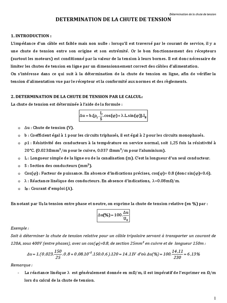 Calcul de la chute de tension en câbles PDF Tension électrique — free download