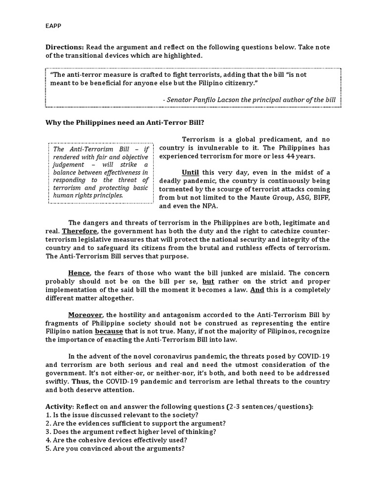The Necessity of the Anti-Terrorism Bill in the Philippines to Combat