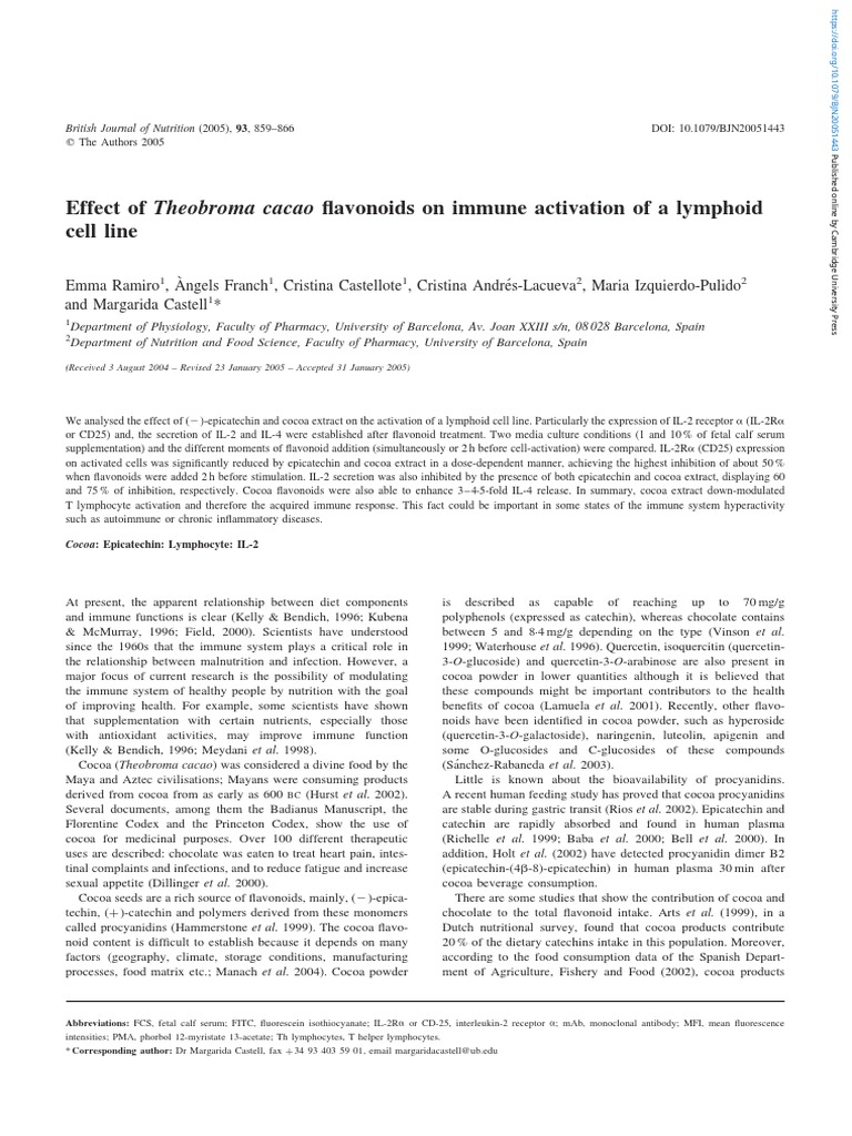 Effect of Theobroma Cacao Flavonoids On Immune Activation of A Lymphoid