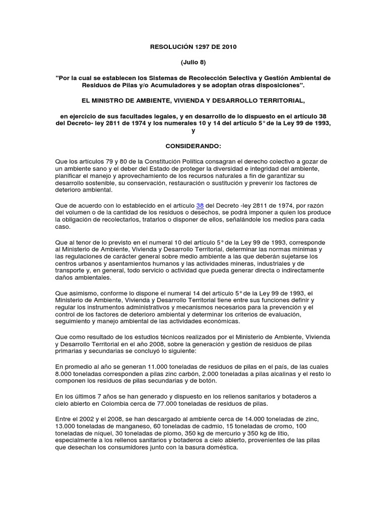Resolución 1297 de 2010 | PDF | Residuos | Batería recargable