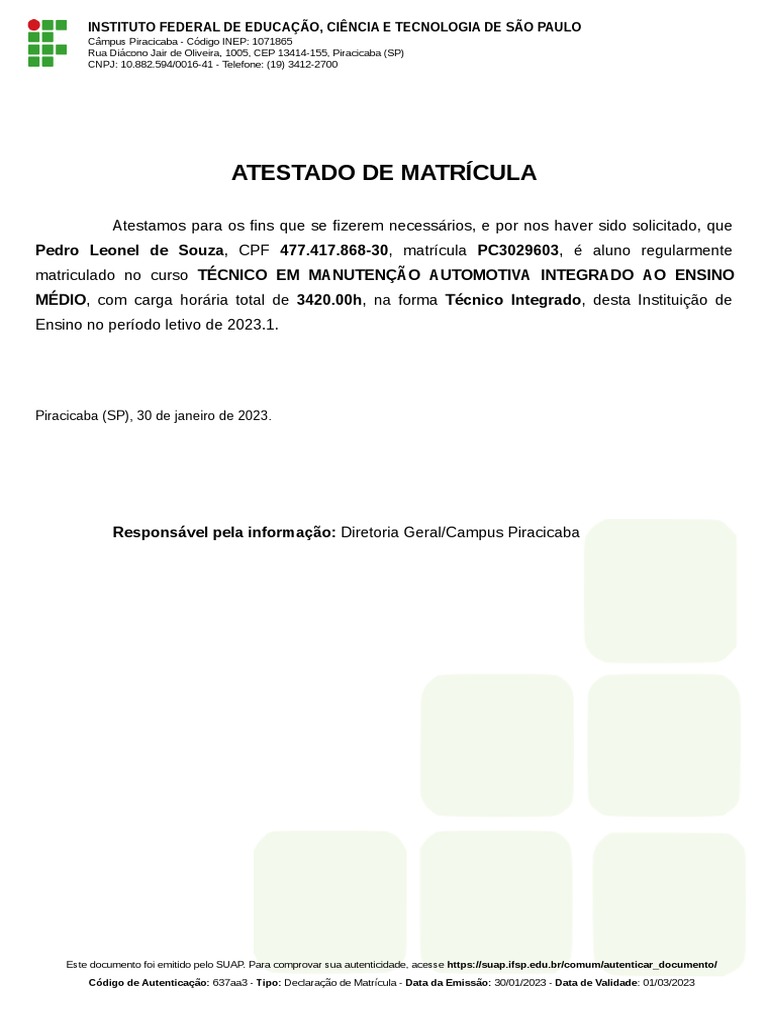 Atestado de Matricula | PDF
