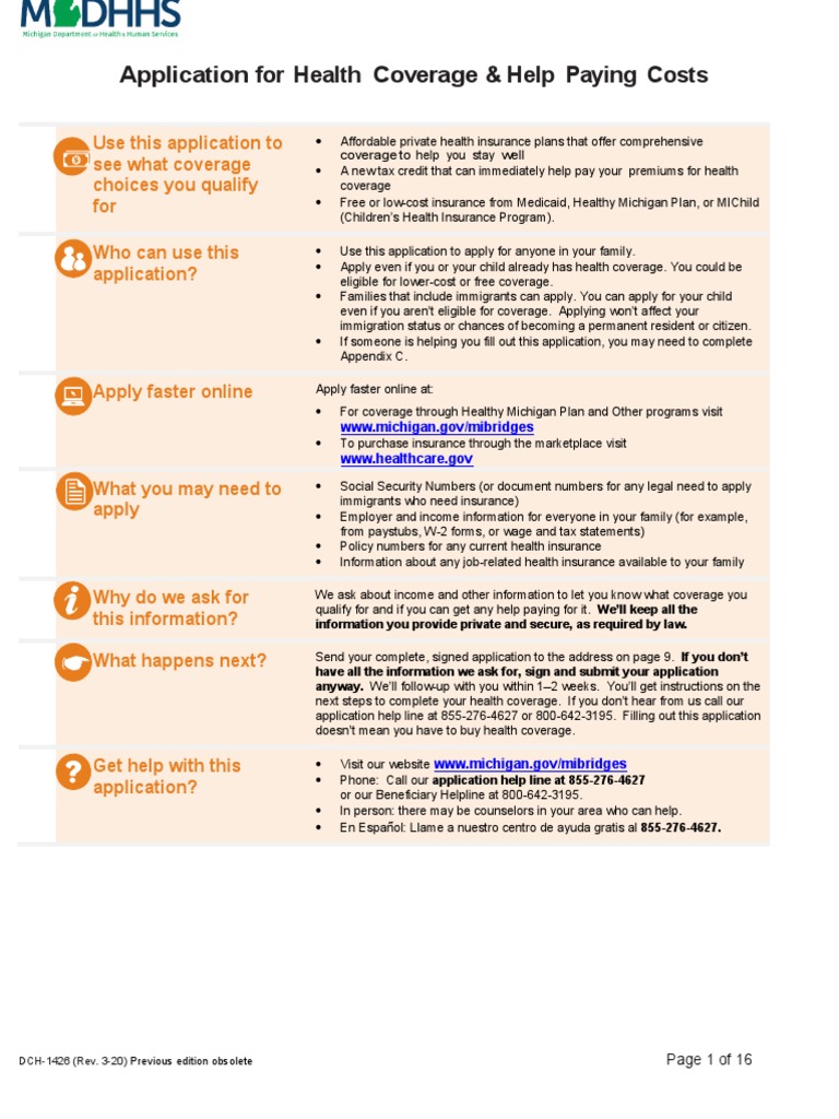 Dch 1426 application for health coverage help paying costs with