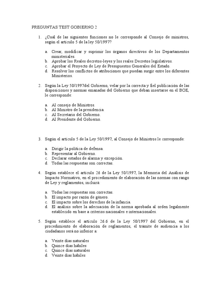 Preguntas Test Gobierno 2 | PDF | Gobierno de españa | Ministerio ...