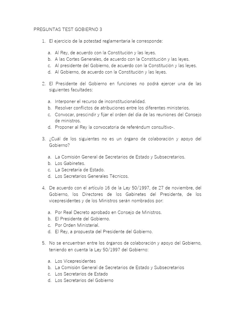 Preguntas Test Gobierno 3 | PDF | Gobierno de españa | Instituciones ...