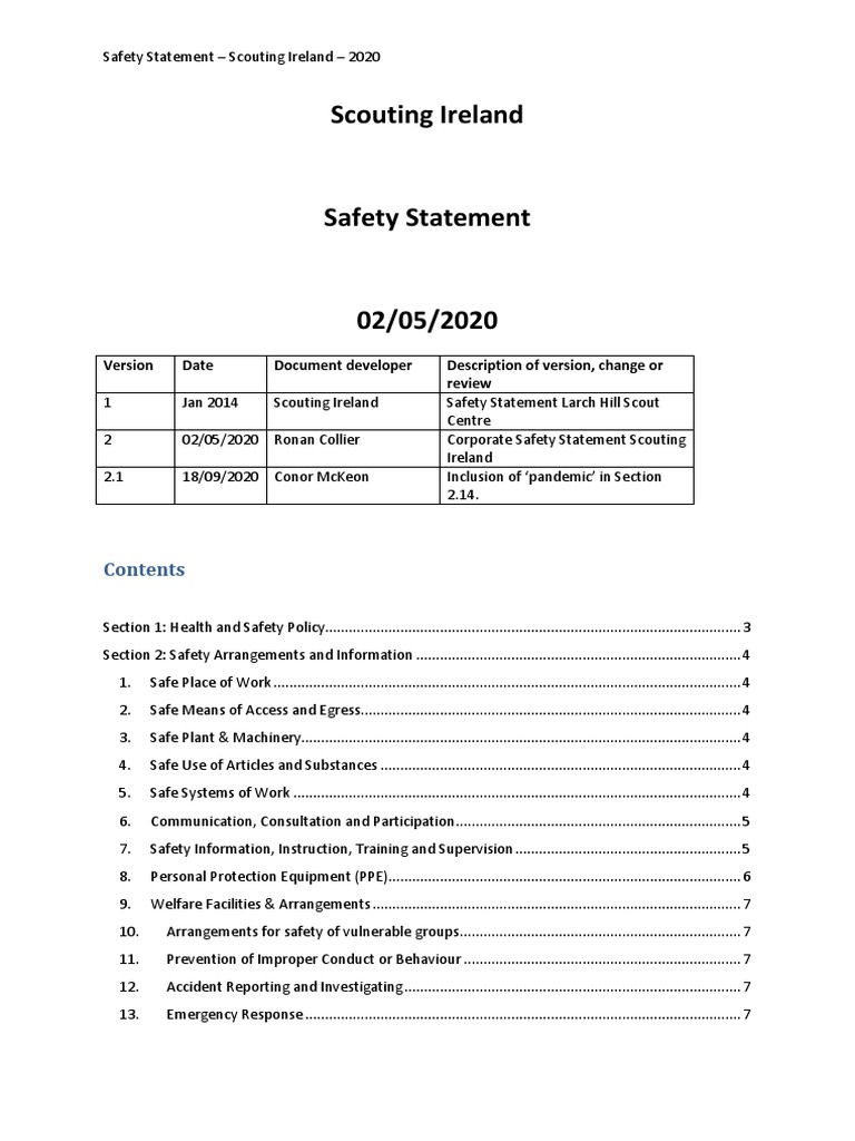 Scouting Ireland Safety Statement 2020 | PDF | Occupational Safety And ...