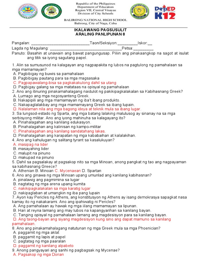 IKALAWANG PAGSUSULIT SA AP 8 Answer Key | PDF