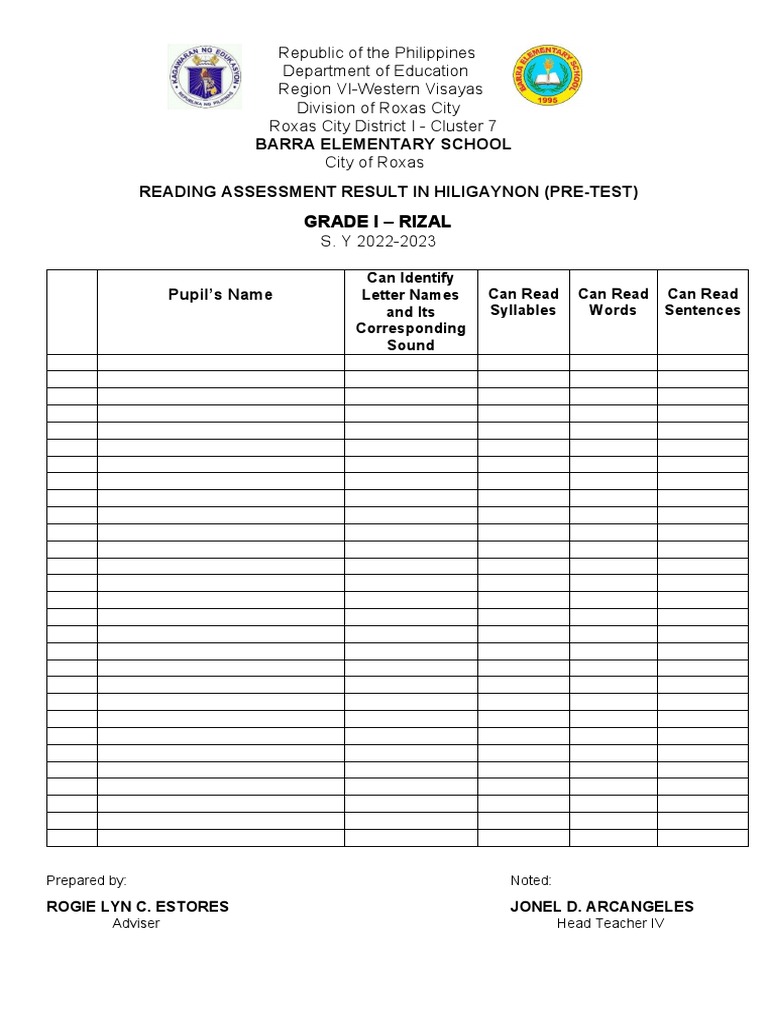 Reading Assessment Form PDF Cognition Languages