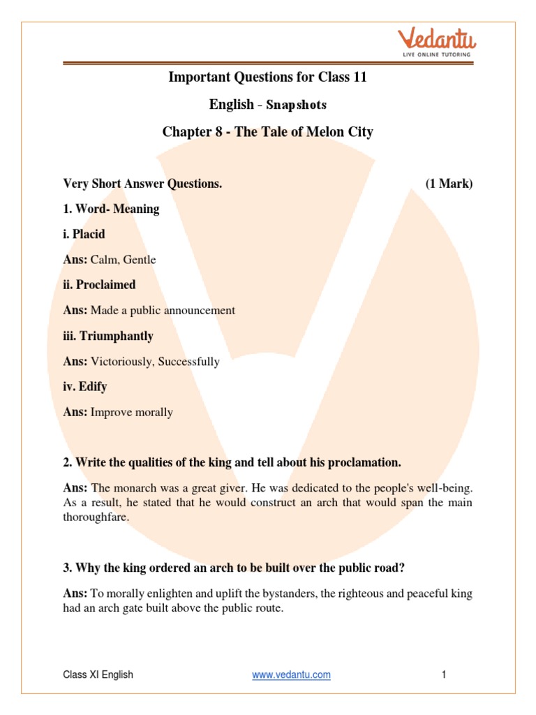 Important Questions For CBSE Class 11 English Snapshots Chapter 8 The Tale of Melon City PDF