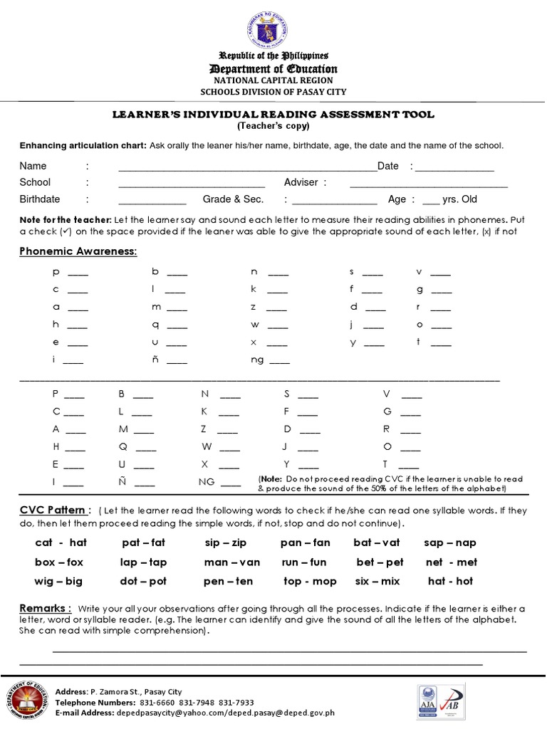 Learners Individual Reading Assessment Tool PDF Pandemic Common Cold