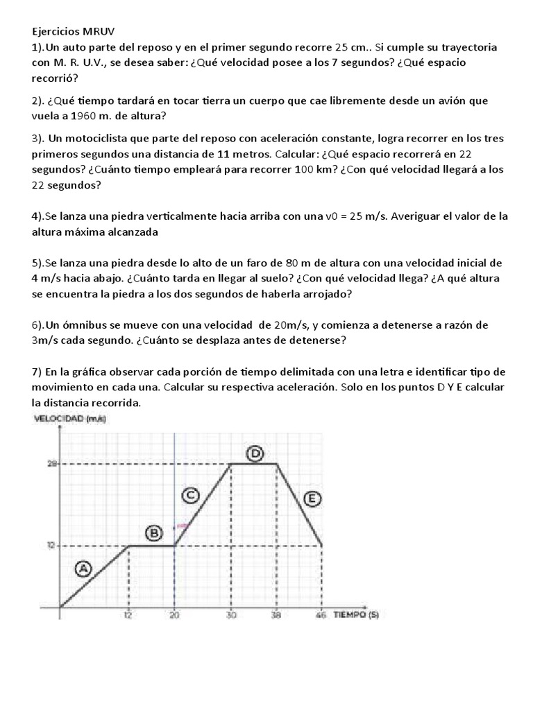 Ejercicios de MRUV y sus soluciones | PDF