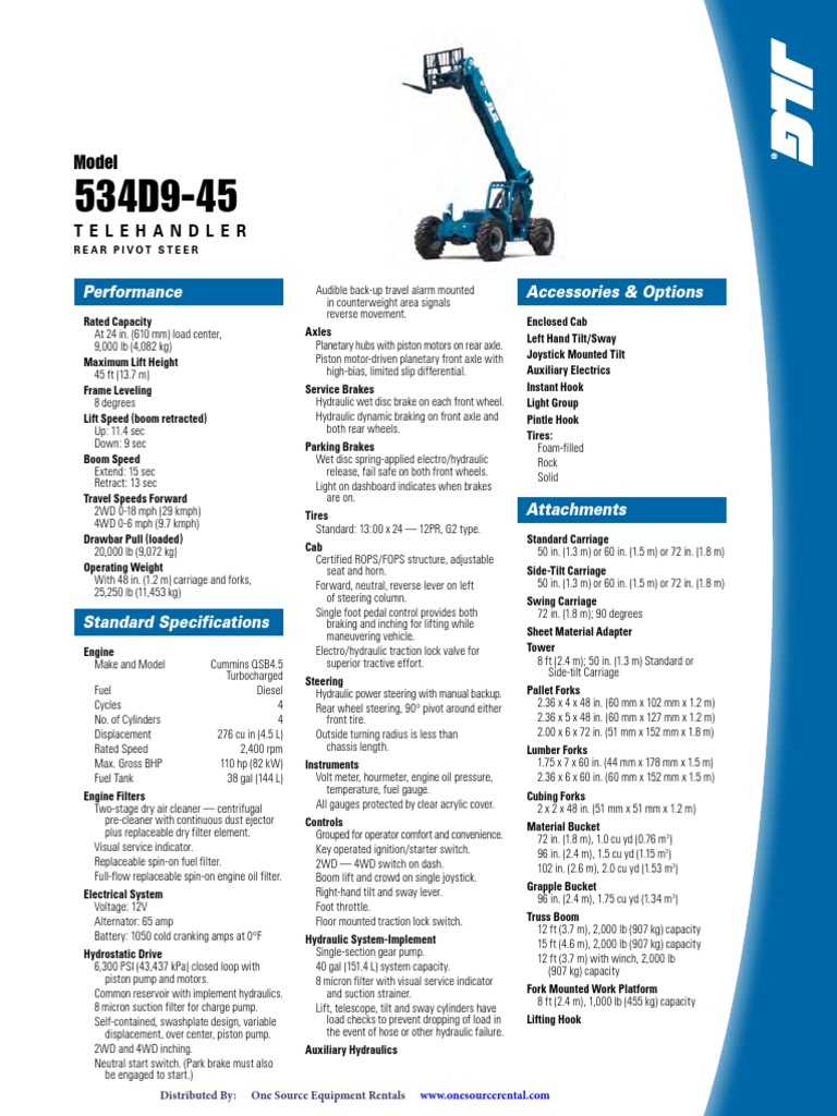 Telehandler Model 534D9-45 Specifications | PDF | Steering | Elevator