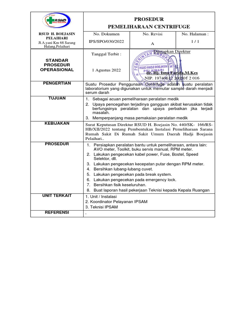 Sop Pemeliharaan Centrifuge PDF