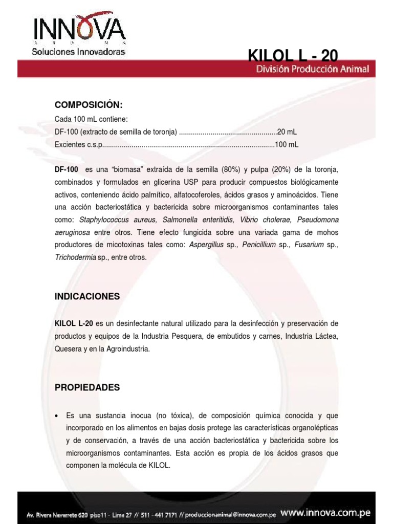 Kilol L-20: Desinfectante Natural Bactericida | PDF | Alimentos ...