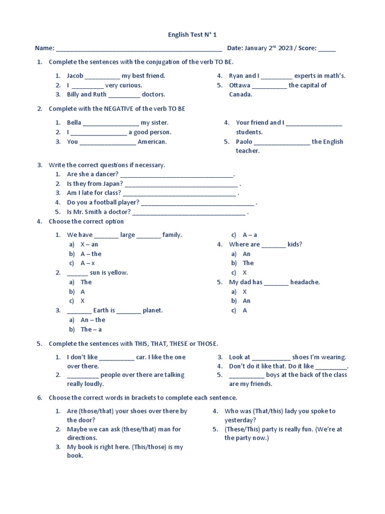 English test questions pdf verb linguistics