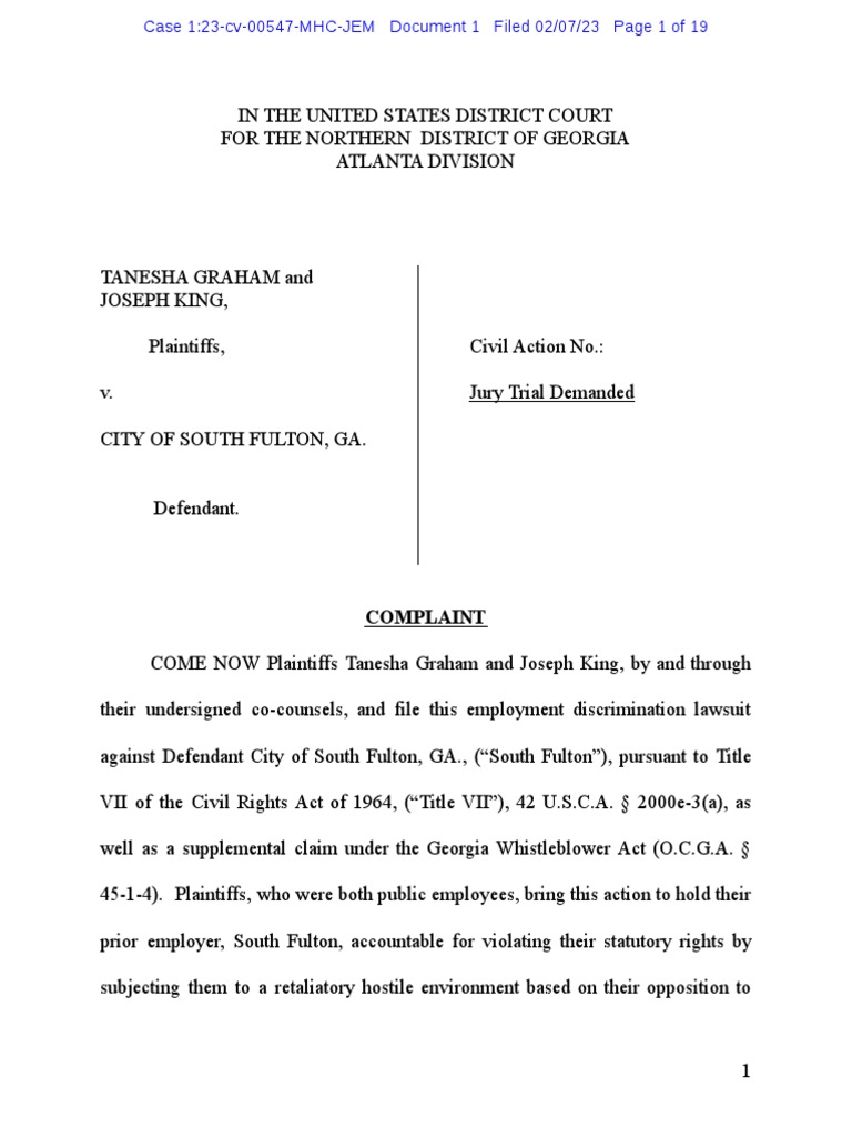 South Fulton Lawsuit PDF Lawsuit Whistleblower