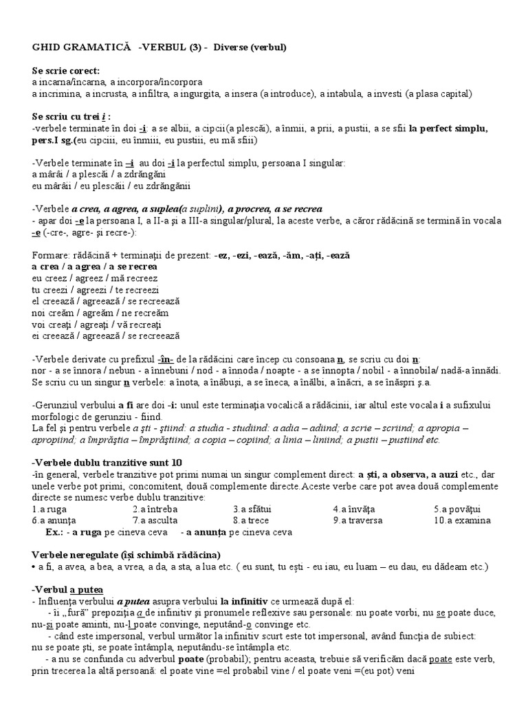 Ghid Gramatica - Verbul (3) + Grile | PDF