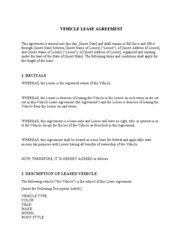 Vehicle Lease Agreement PDF Lease Vehicle Insurance