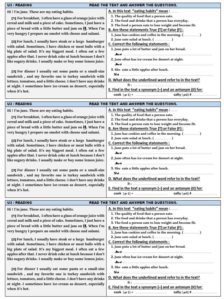 TC Food Reading and Writing PDF Lunch Meal