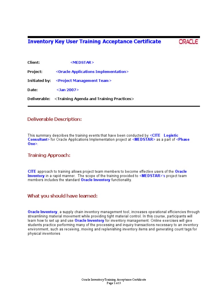 Key Users Training Acceptance Certificate PDF Inventory Business Key Users Training Acceptance Certificate PDF Inventory Business