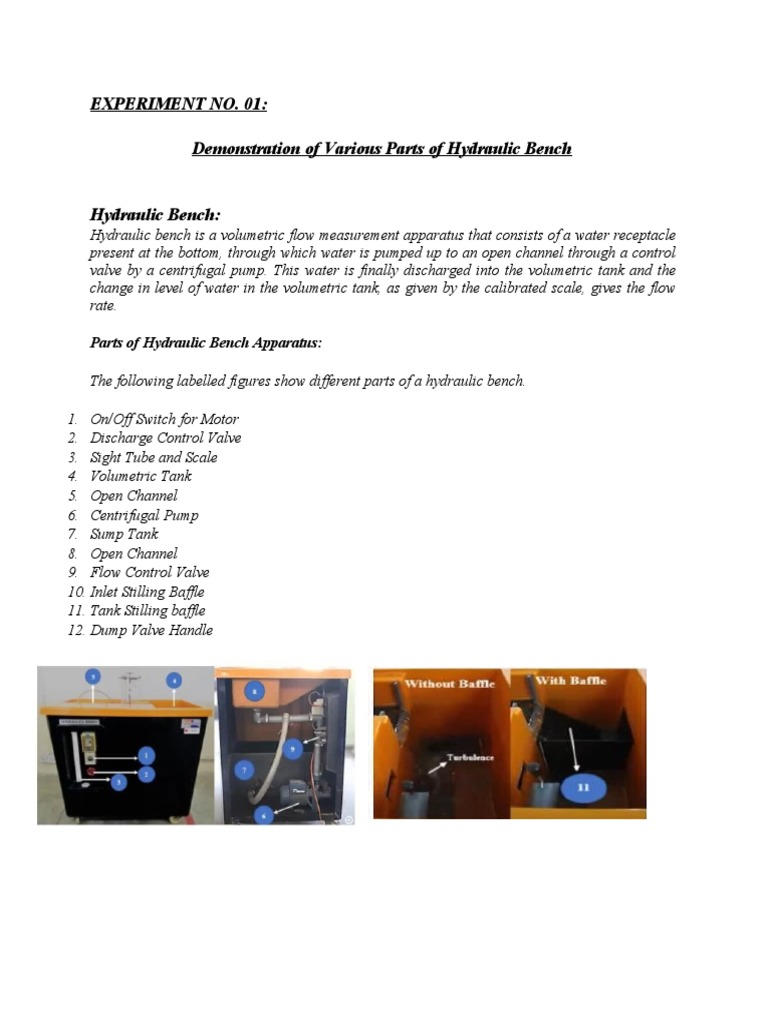 Experiment No. 01 Demonstration of Various Parts of Hydraulic Bench