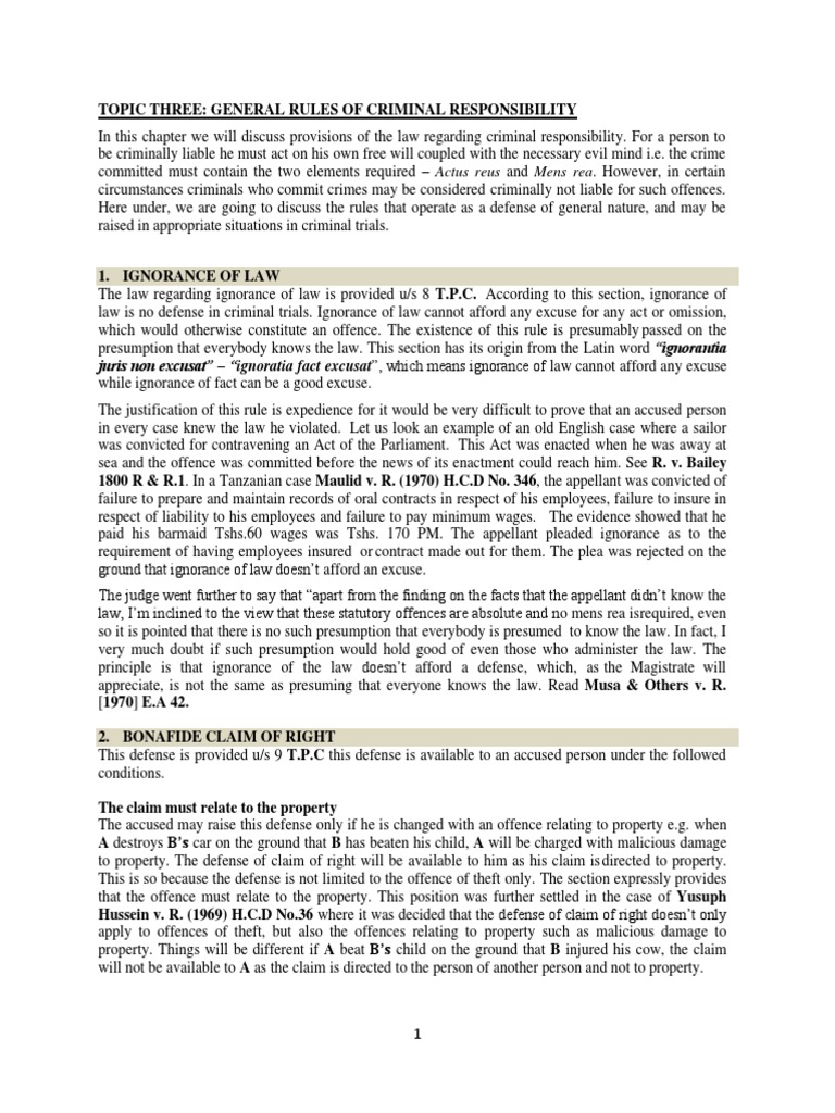Criminal Law Notes - Topic Three | PDF | Insanity Defense | Assault