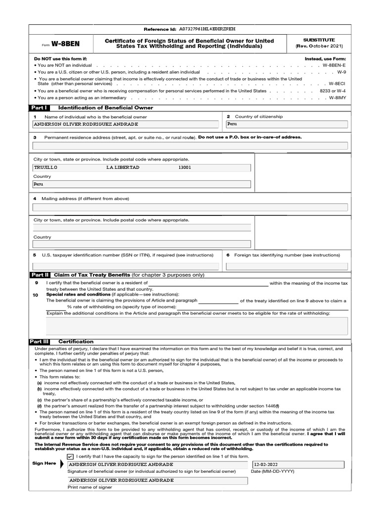 Request for Certification of Foreign Status and Tax Treaty Benefits by
