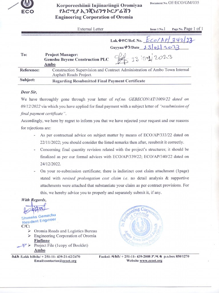 Concerning resubmitted final payment certificate pdf