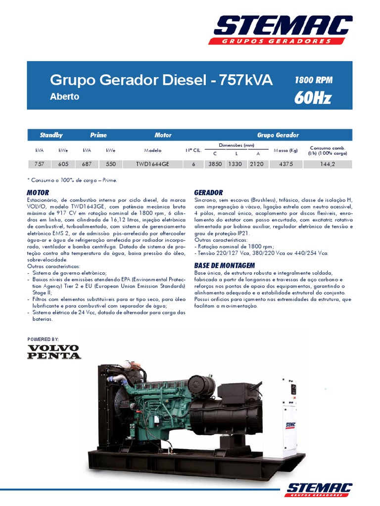 Grupo Gerador Diesel 757 kVA Stemac | PDF | Motores | Potência (Física)