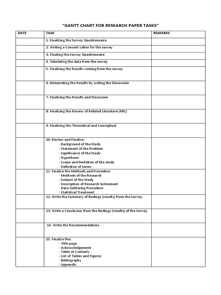 Gantt Chart For Research Paper Tasks PDF