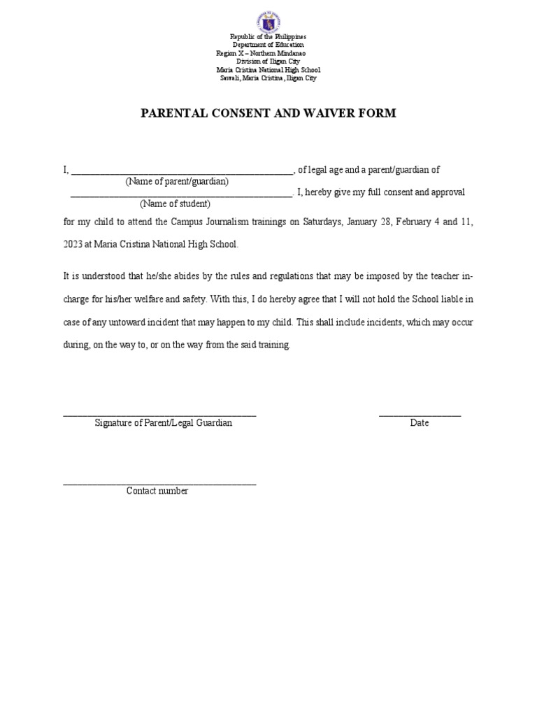 Parental Consent Form for Student Participation in Campus Journalism ...