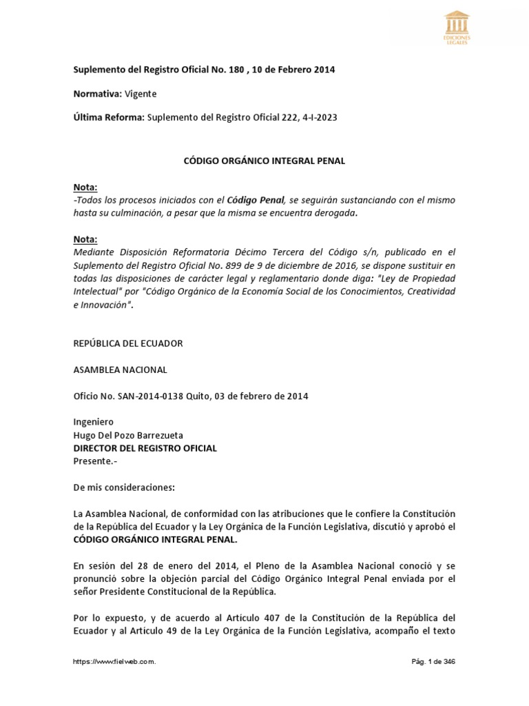Código Orgánico Integral Penal Ecuador Febrero 2023 PDF Derecho