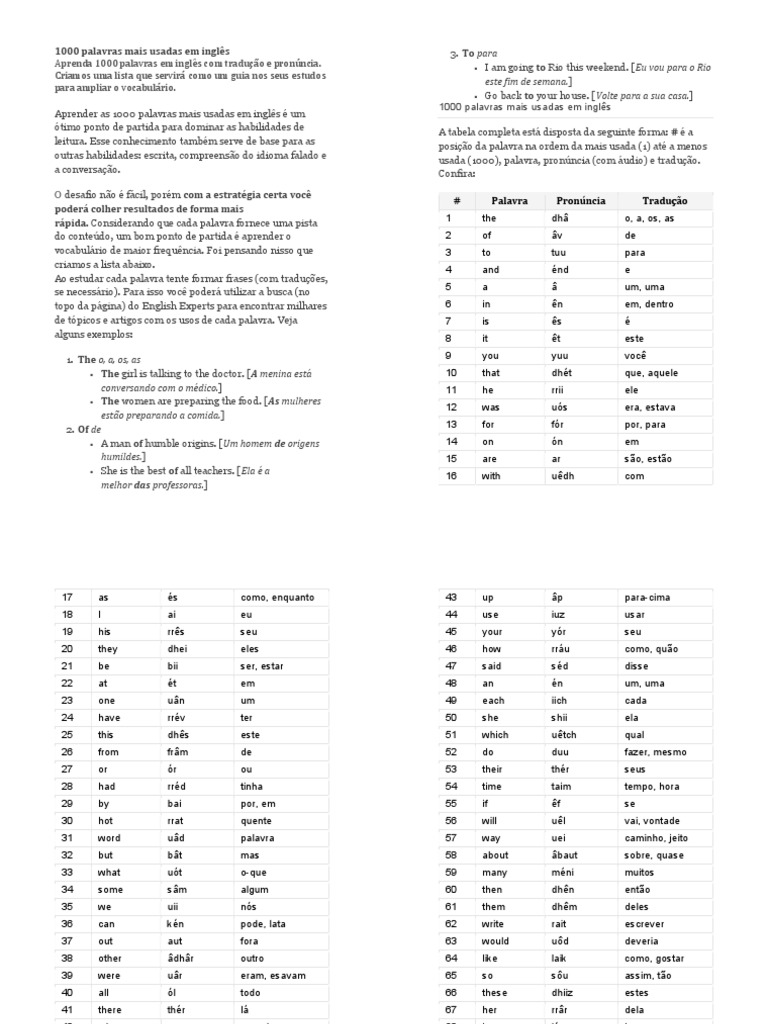 Tradução de 1000 palavras em inglês, Traduções Inglês