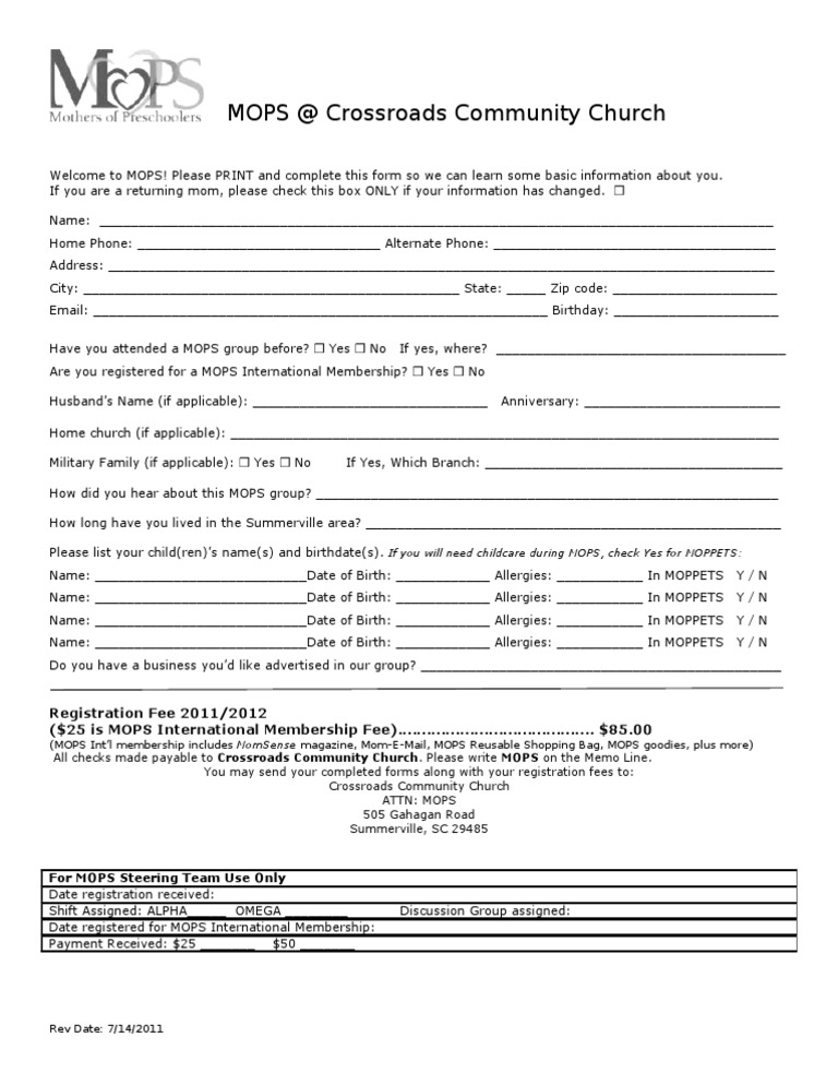 MOPS Registration Form - Crossroads Church | PDF