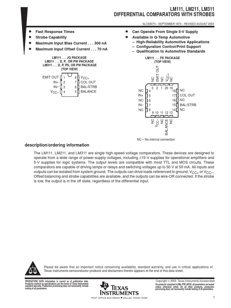 LM 311 | PDF | Electronic Engineering | Electrical Engineering