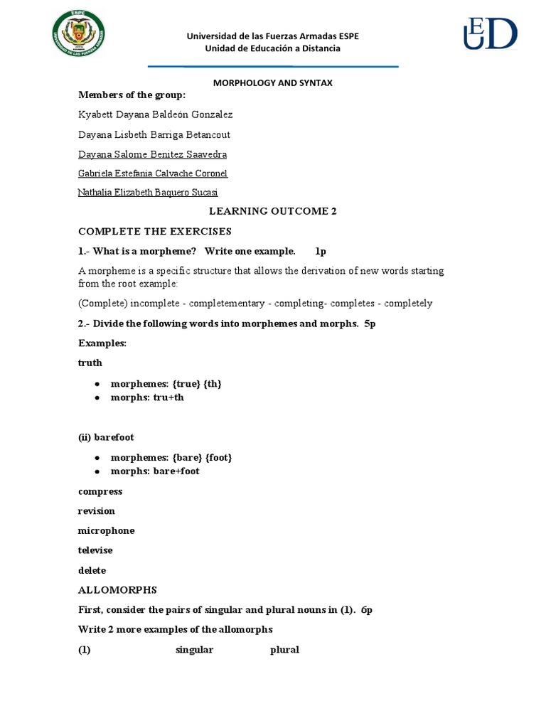 Morphology and Syntax Exercises Guide | PDF | Morphology (Linguistics ...