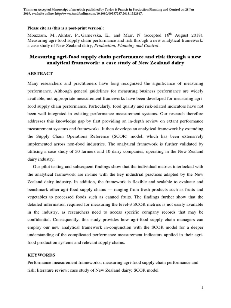 Measuring Agri Food Supply Chain Performance and Risk Through A New