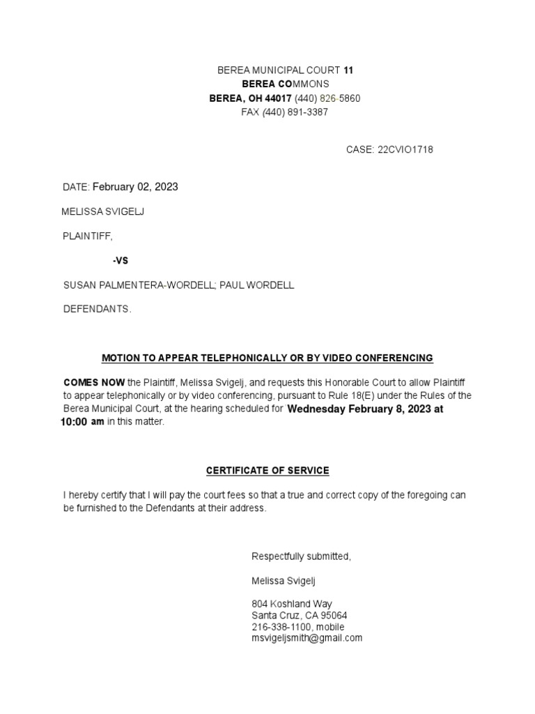 Motion To Appear Telephonically PDF