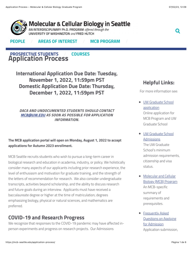 Application Process Molecular & Cellular Biology Graduate Program