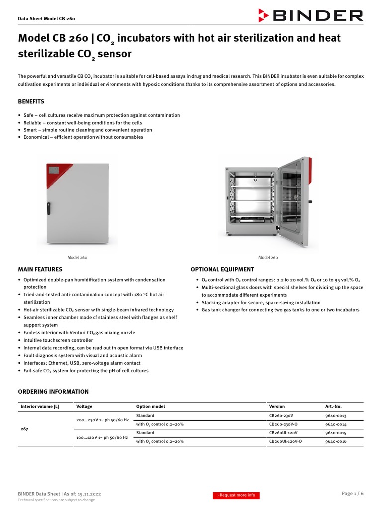 Binder CO2 Incubator Data Sheet Model CB 260 en PDF Calibration