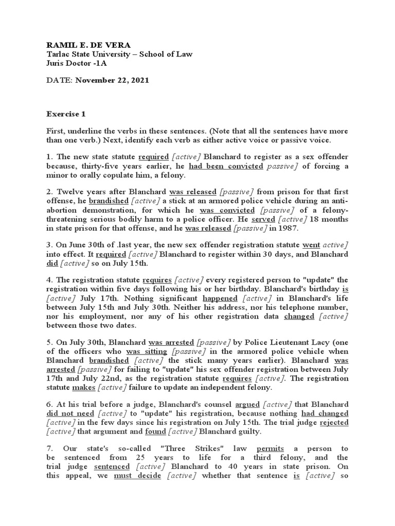 Exercises 1 & 2 Legal Writing PDF Eighth Amendment To The United