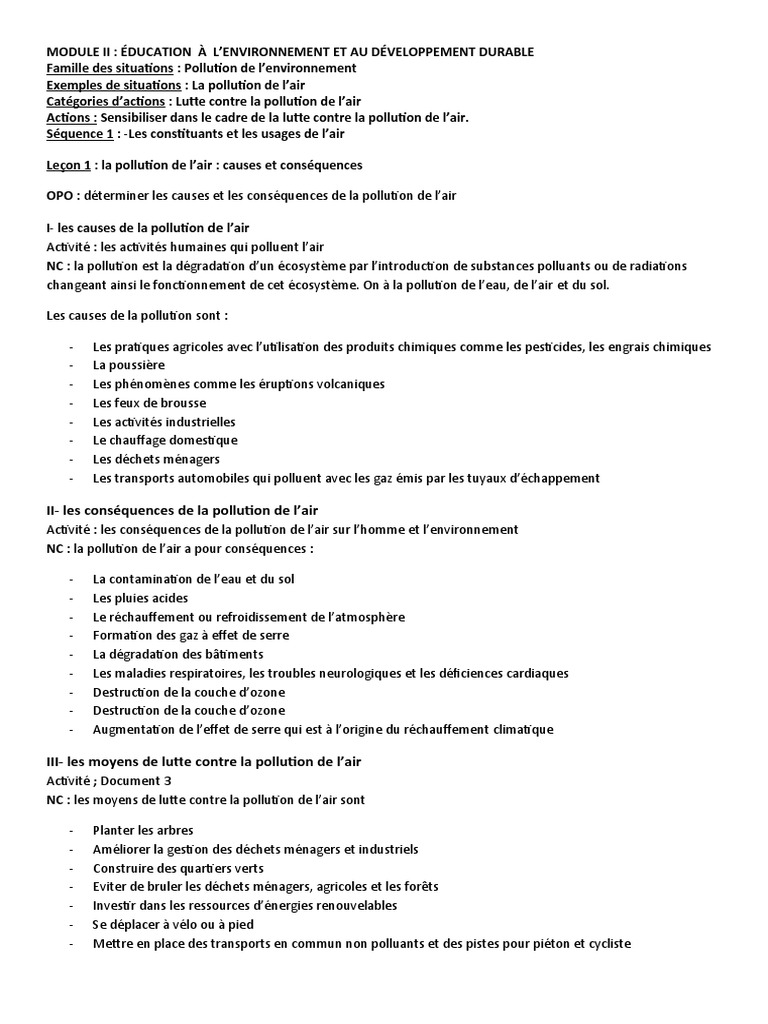 Causes et Conséquences de la Pollution de l'Air | PDF | la pollution ...