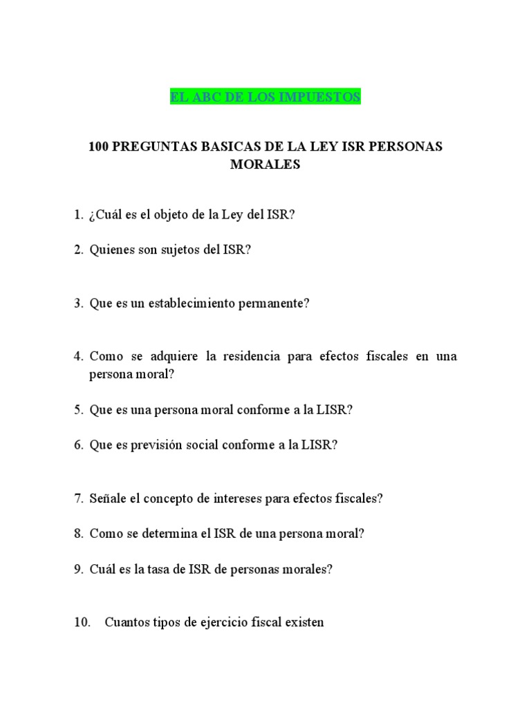 Cuestionario Ley Isr Personas Morales | PDF | Impuesto sobre la renta ...