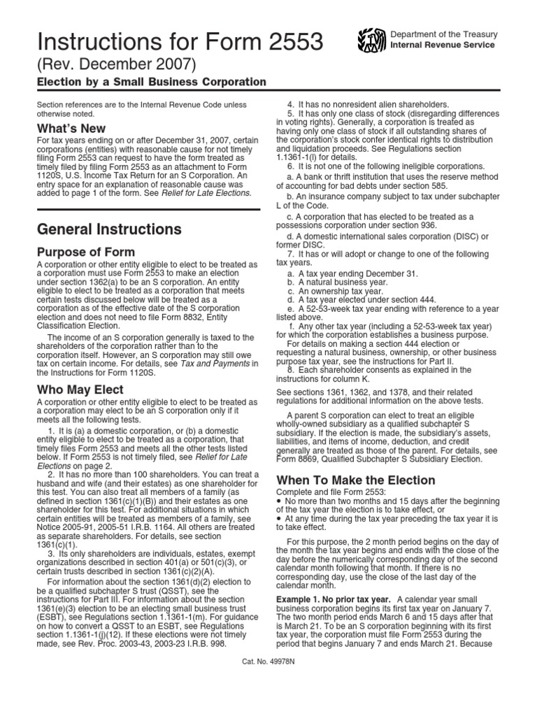 Form 2553 Instructions S Corporation Irs Tax Forms