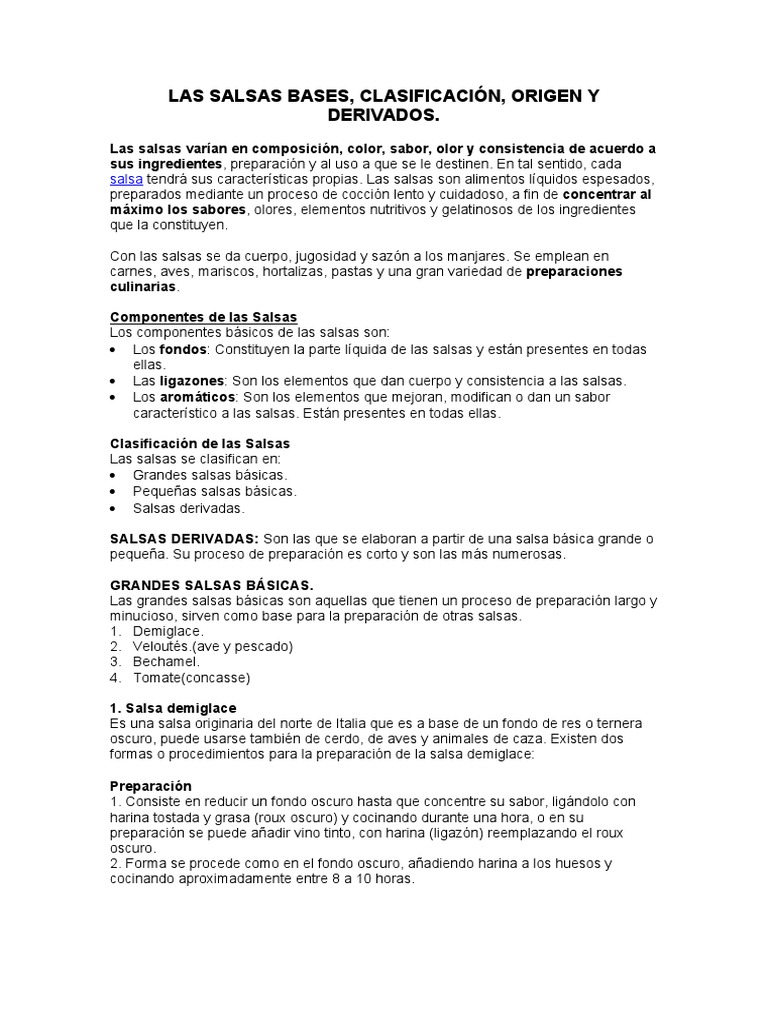 5 LAS SALSAS BASES, CLASIFICACIÓN, ORIGEN Y DERIVADOS. PDF Salsa