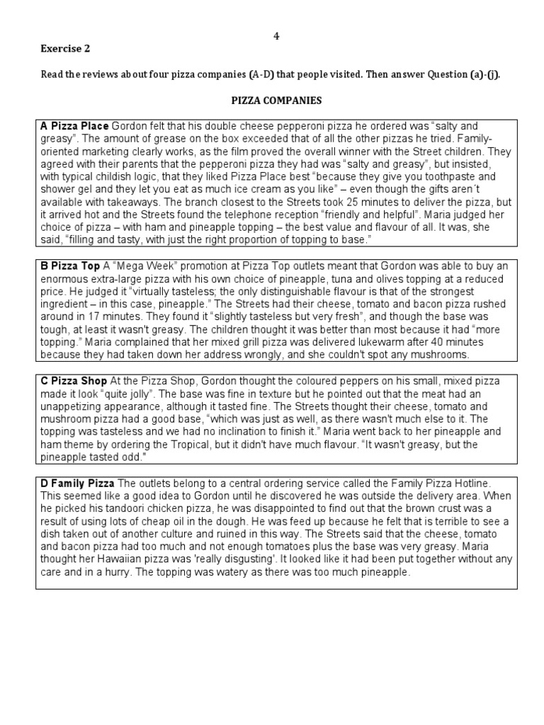 Multiple matching reading pdf pizza foods