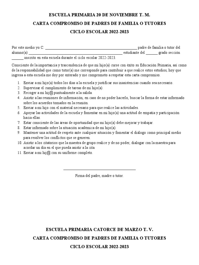 Carta Compromiso Escolar para Padres | PDF | Educación primaria