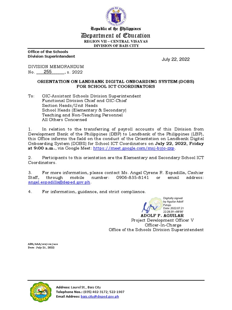 DM No. 255, S. 2022 - Orientation On LandBank Digital OnBoarding System ...